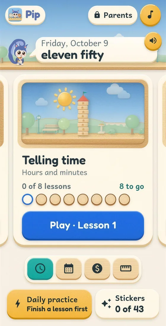 Pip home screen showing the Telling time world and a Play Lesson 1 button