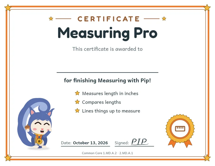 Measuring Pro certificate from Pip, awarded for finishing Measuring. Measures length in inches. Compares lengths. Lines things up to measure.