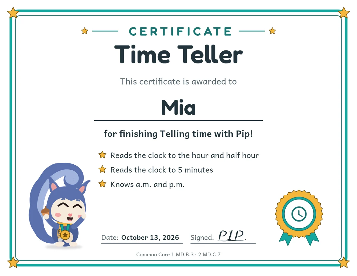 Time Teller certificate from Pip awarded to Mia for finishing Telling time, listing the skills she learned and Common Core codes 1.MD.B.3 and 2.MD.C.7