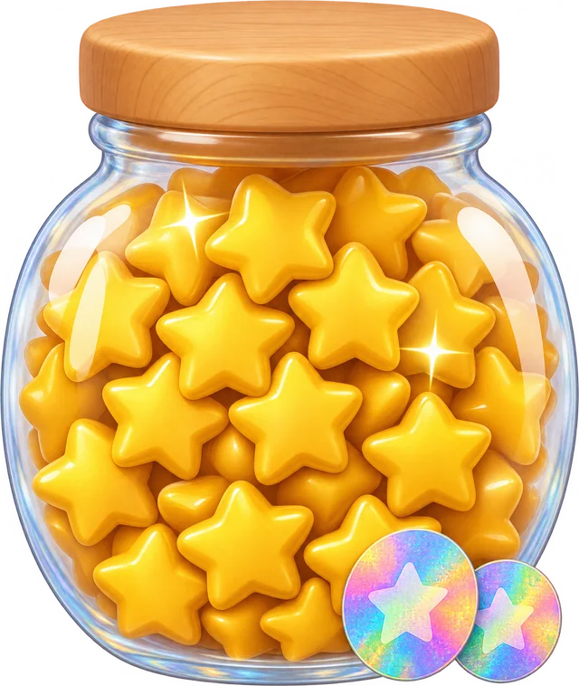 Glass star jar with a wooden lid, full of yellow stars and two shiny stickers