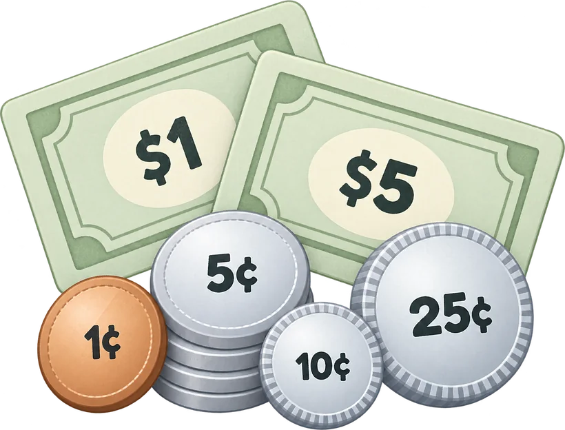 Toy one and five dollar bills with a penny, nickel, dime and quarter