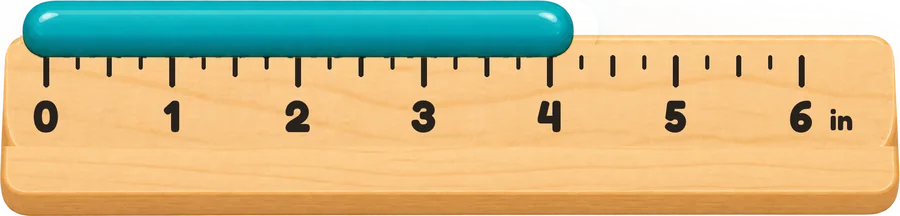 Wooden inch ruler from 0 to 6 inches with a teal bar measuring 4 inches