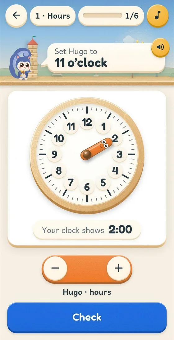 Pip app screen: set Hugo the hour hand to 11 o’clock