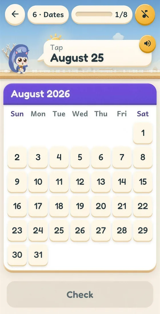 Pip app screen: tap August 25 on the August 2026 calendar