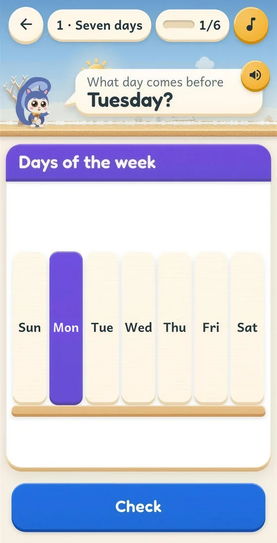 Pip app screen: what day comes before Tuesday