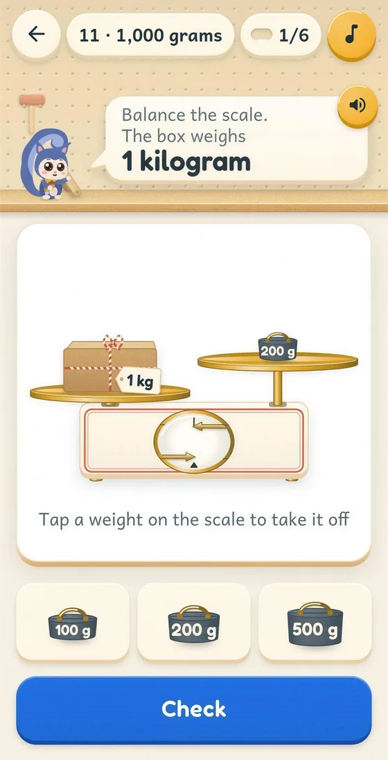 Pip app screen: balance the scale, the box weighs 1 kilogram