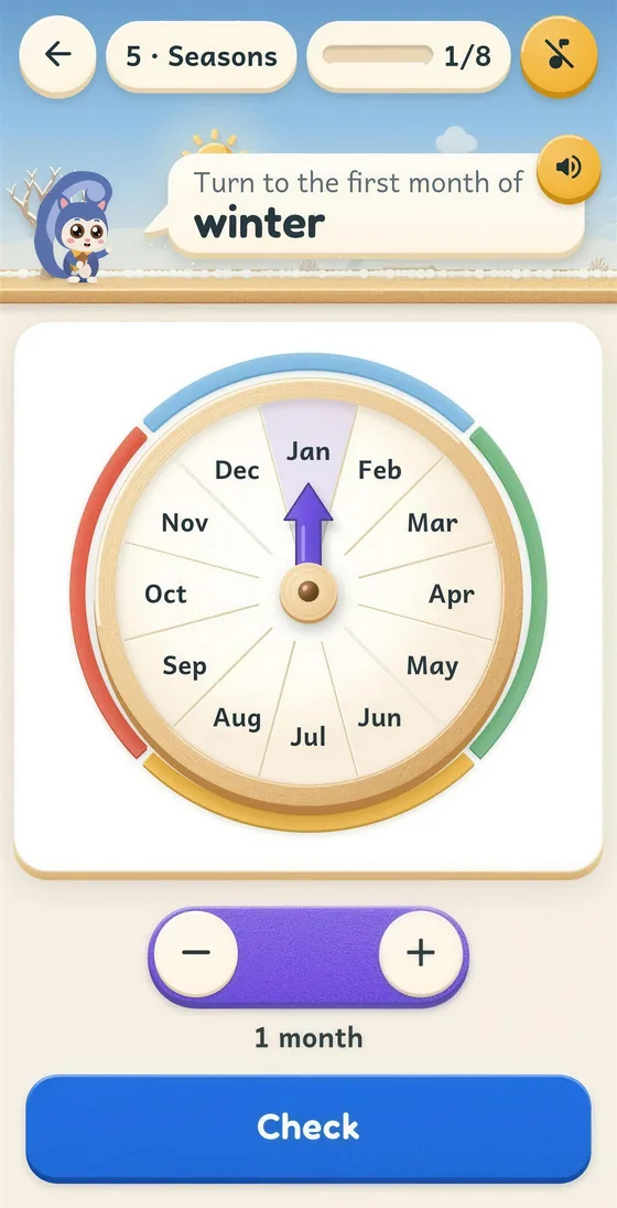 Pip app screen: turn the year wheel to the first month of winter