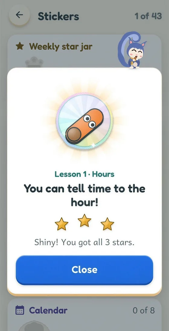 Pip app screen: lesson complete with 3 stars and a new sticker