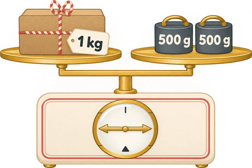 Balance scale with a 1 kilogram parcel on one side and two 500 gram weights on the other